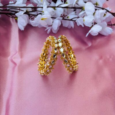 The Naaz: Exquisite Kundan & Pearl Beaded Traditional Bangles (Set of 2)