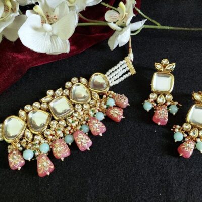Gold Finish Kundan Polki & Pink Beaded Choker Necklace With Earrings