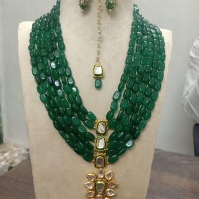 Green Emerald Beaded Necklace With Earring And Maangtika