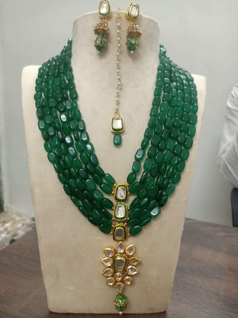 Green Emerald Beaded Necklace With Earring And Maangtika