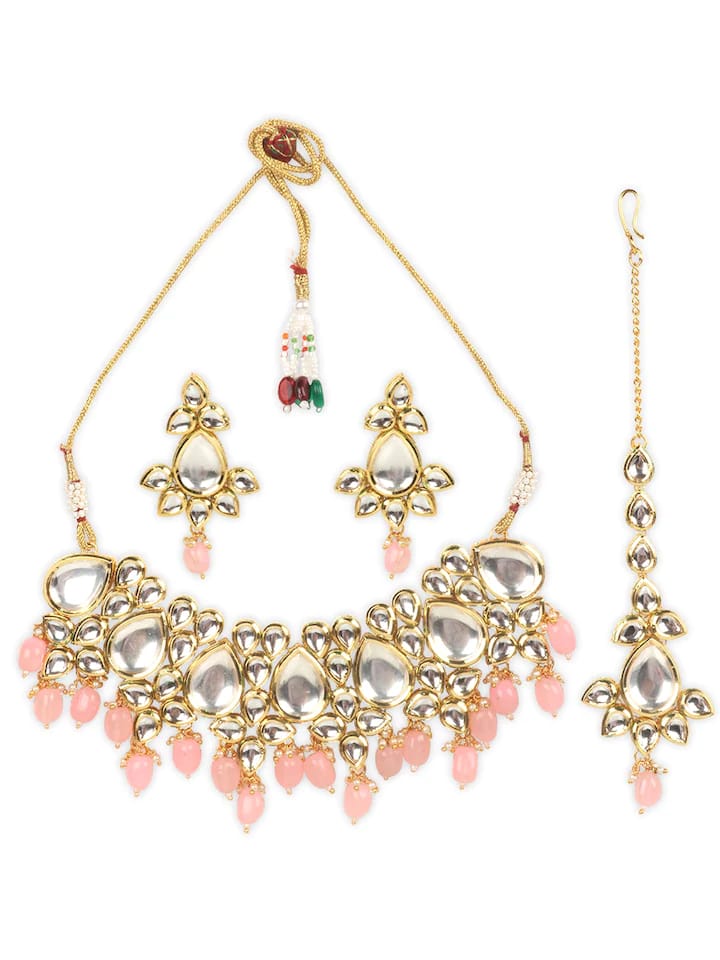Gold-Plated Peach Kundan-Studded Jewellery Set - Image 3