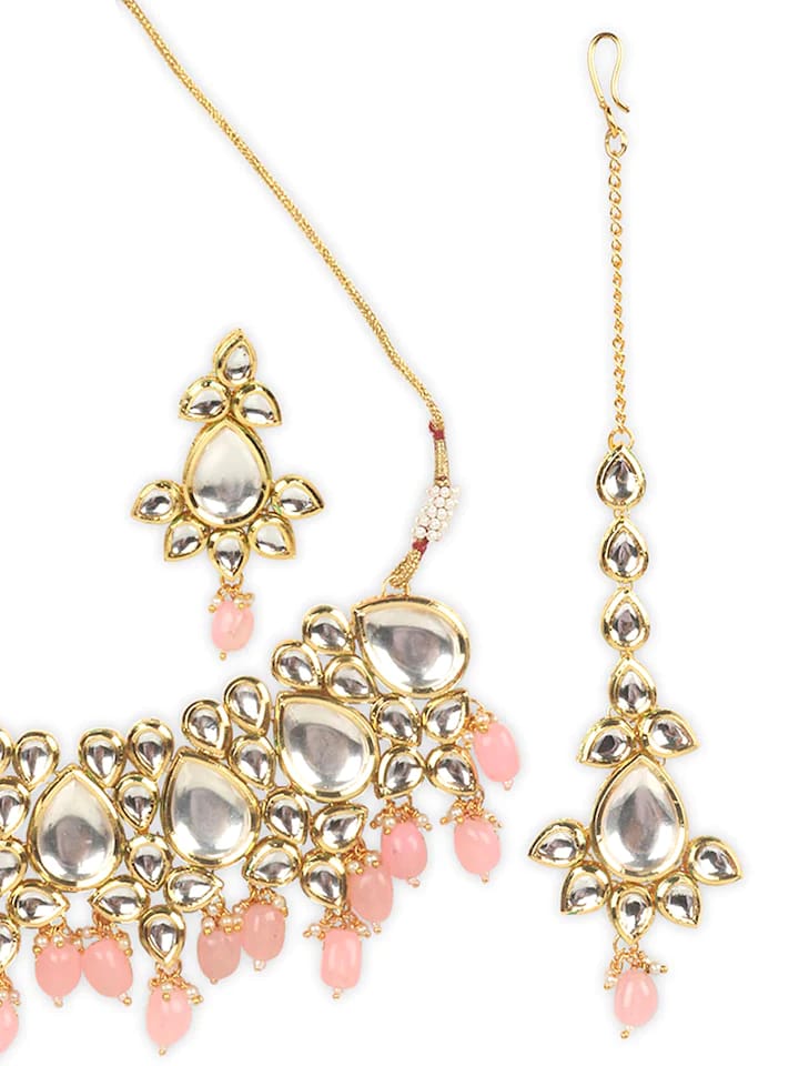 Gold-Plated Peach Kundan-Studded Jewellery Set - Image 4