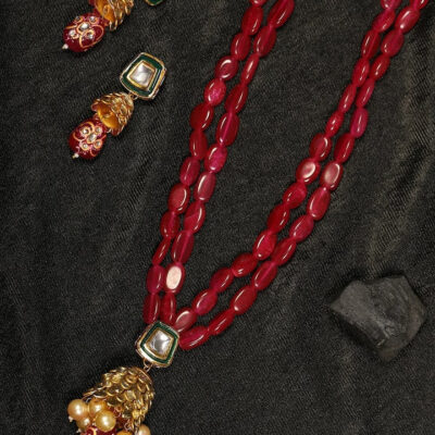 Maroon Color Kundan Onyx Long Mala Necklace Set