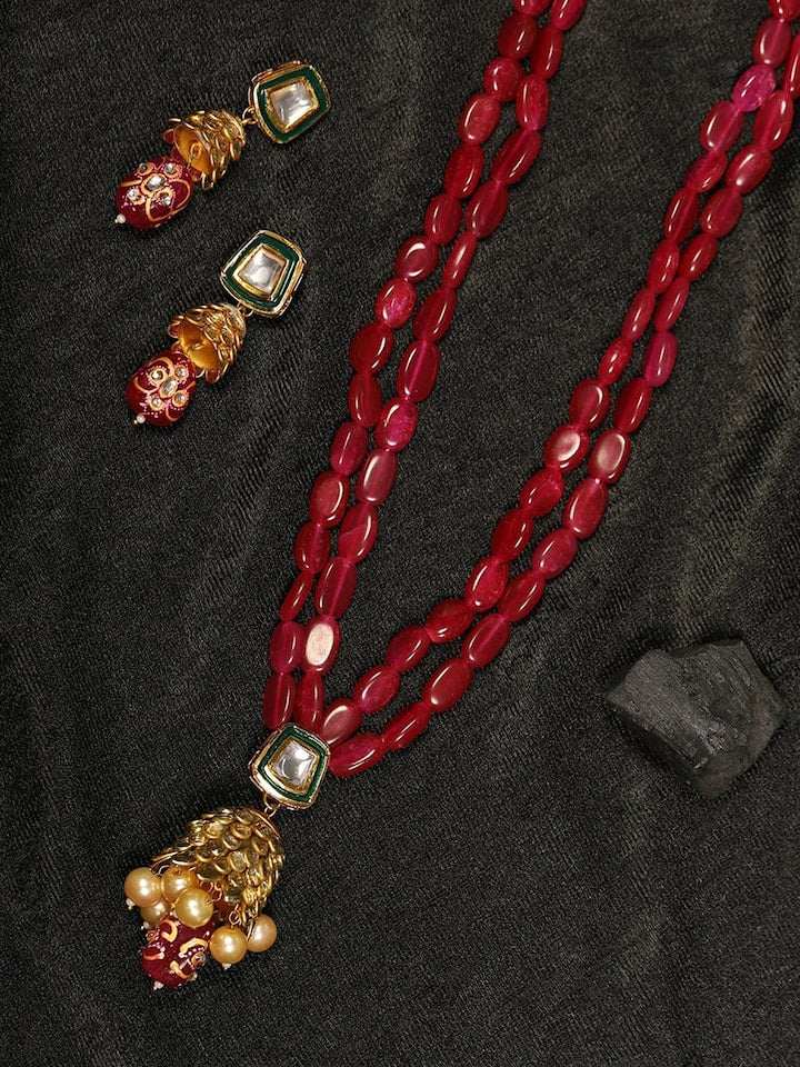 Maroon Color Kundan Onyx Long Mala Necklace Set