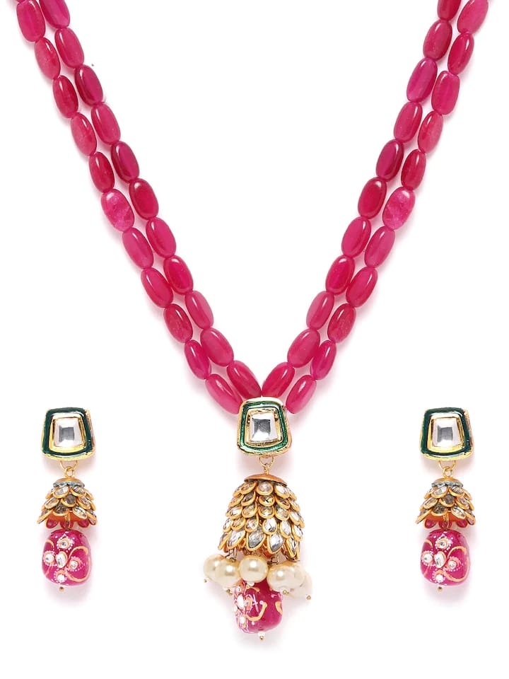 Maroon Color Kundan Onyx Long Mala Necklace Set - Image 4