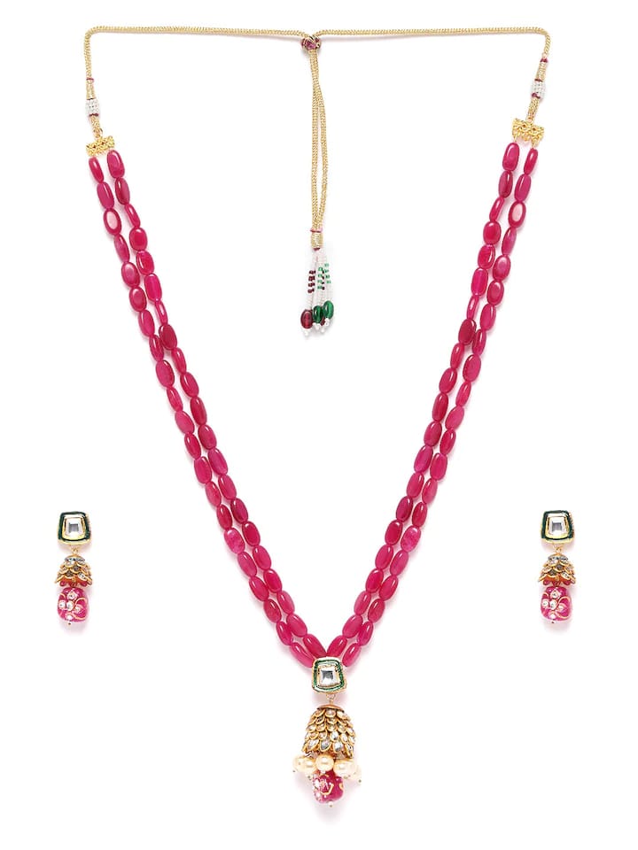 Maroon Color Kundan Onyx Long Mala Necklace Set - Image 3