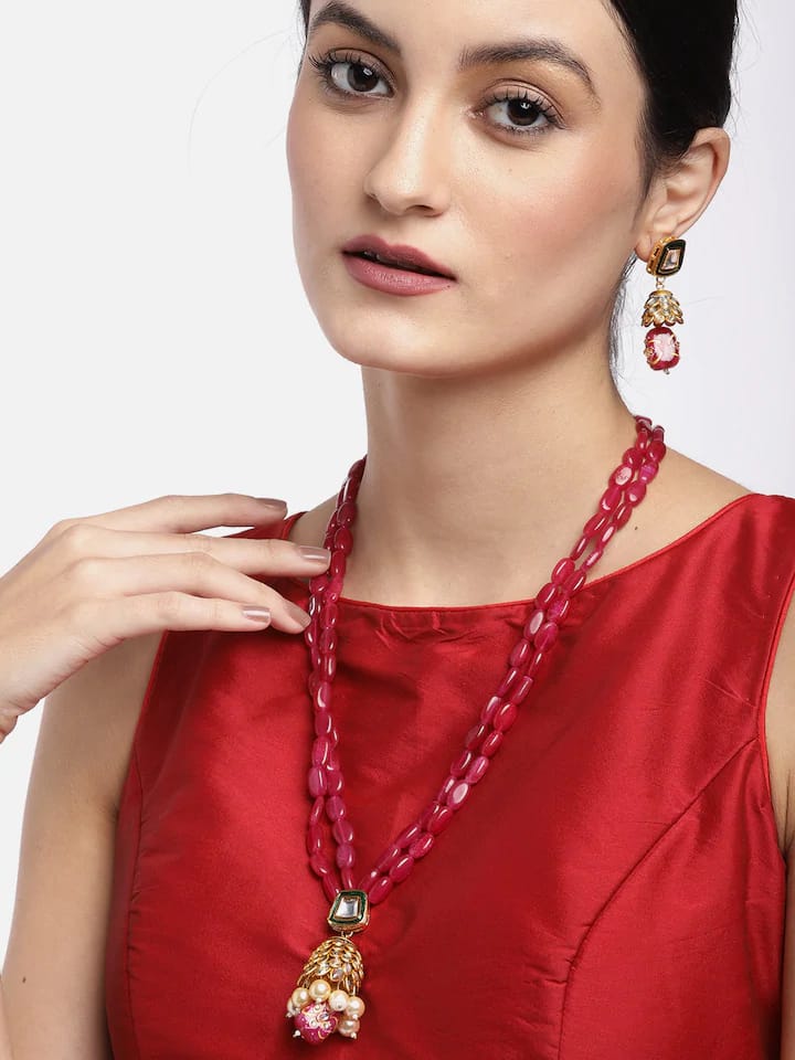 Maroon Color Kundan Onyx Long Mala Necklace Set - Image 2