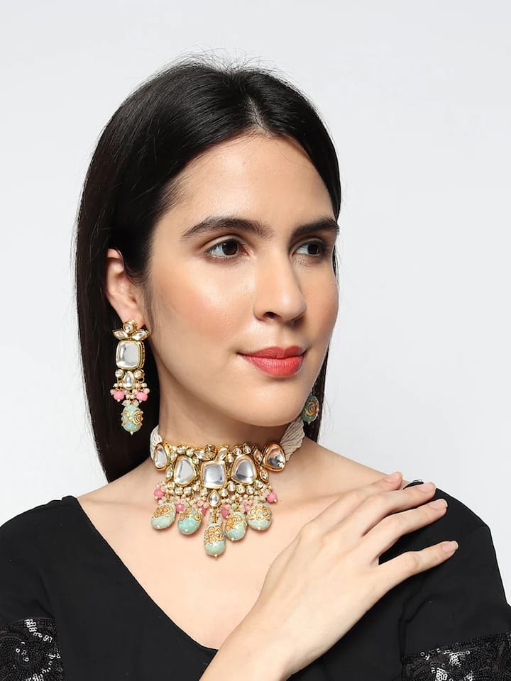 Gold-Plated Kundan-Studded Necklace & Earrings - Image 2