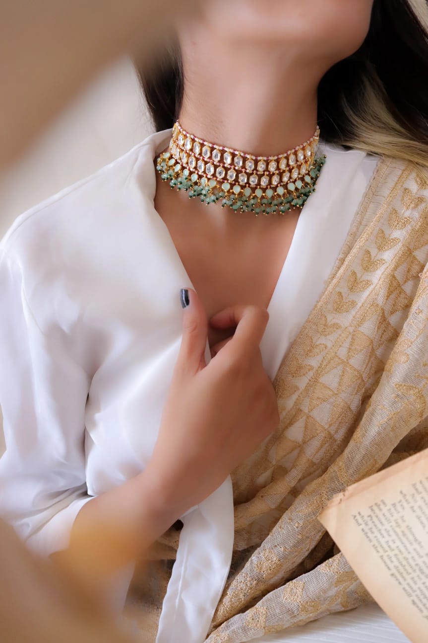 Gold Plated Kundan Embellished Choker Necklace Set - Image 2