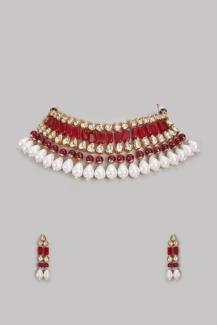 Gold Plated Kundan Polki & Ruby Beaded Choker Necklace Set - Image 2