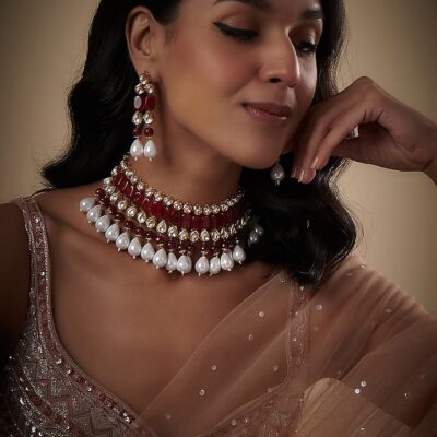 Gold Plated Kundan Polki & Ruby Beaded Choker Necklace Set