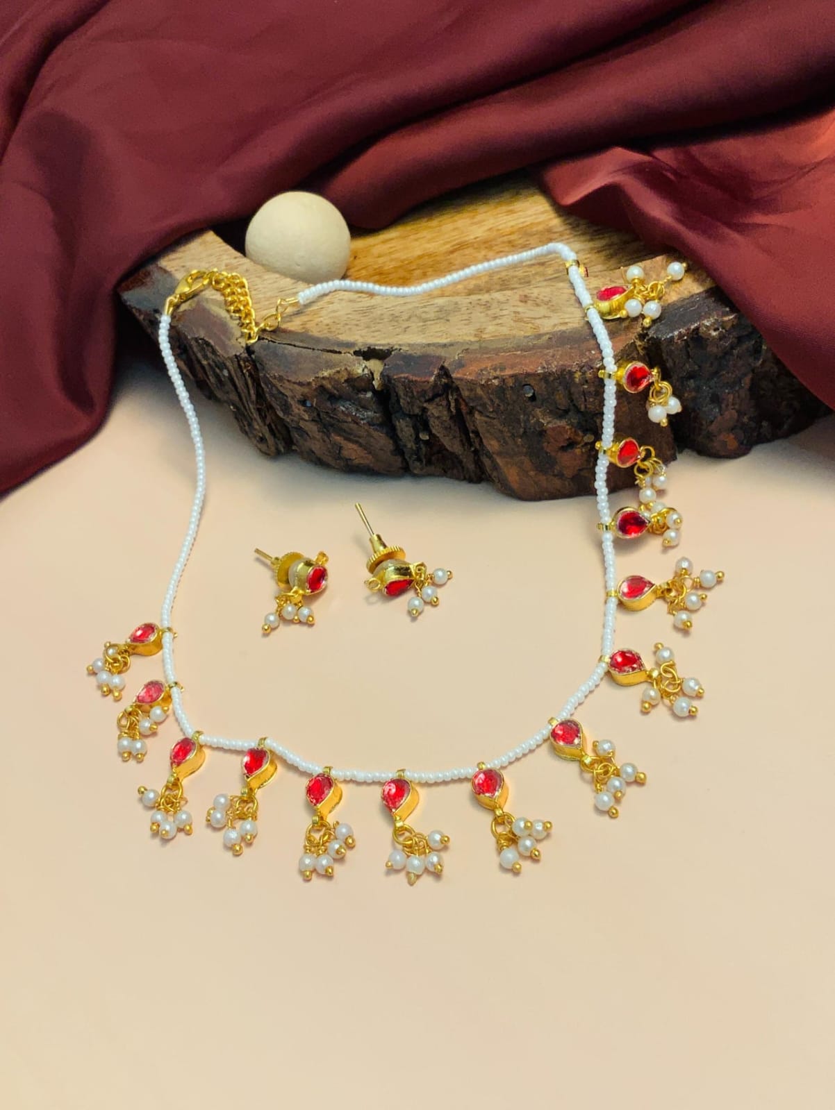Gold Plated Red Kundan Embellished Choker Necklace Set - Image 4