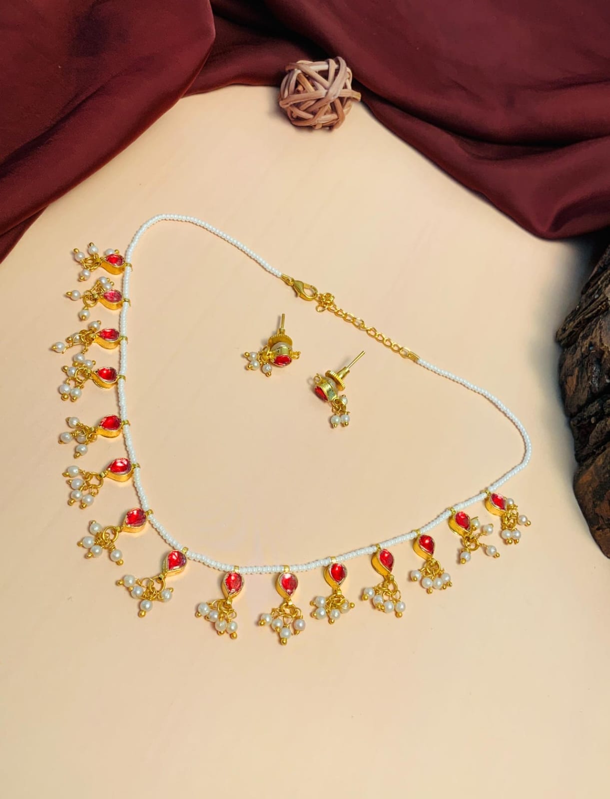 Gold Plated Red Kundan Embellished Choker Necklace Set - Image 2