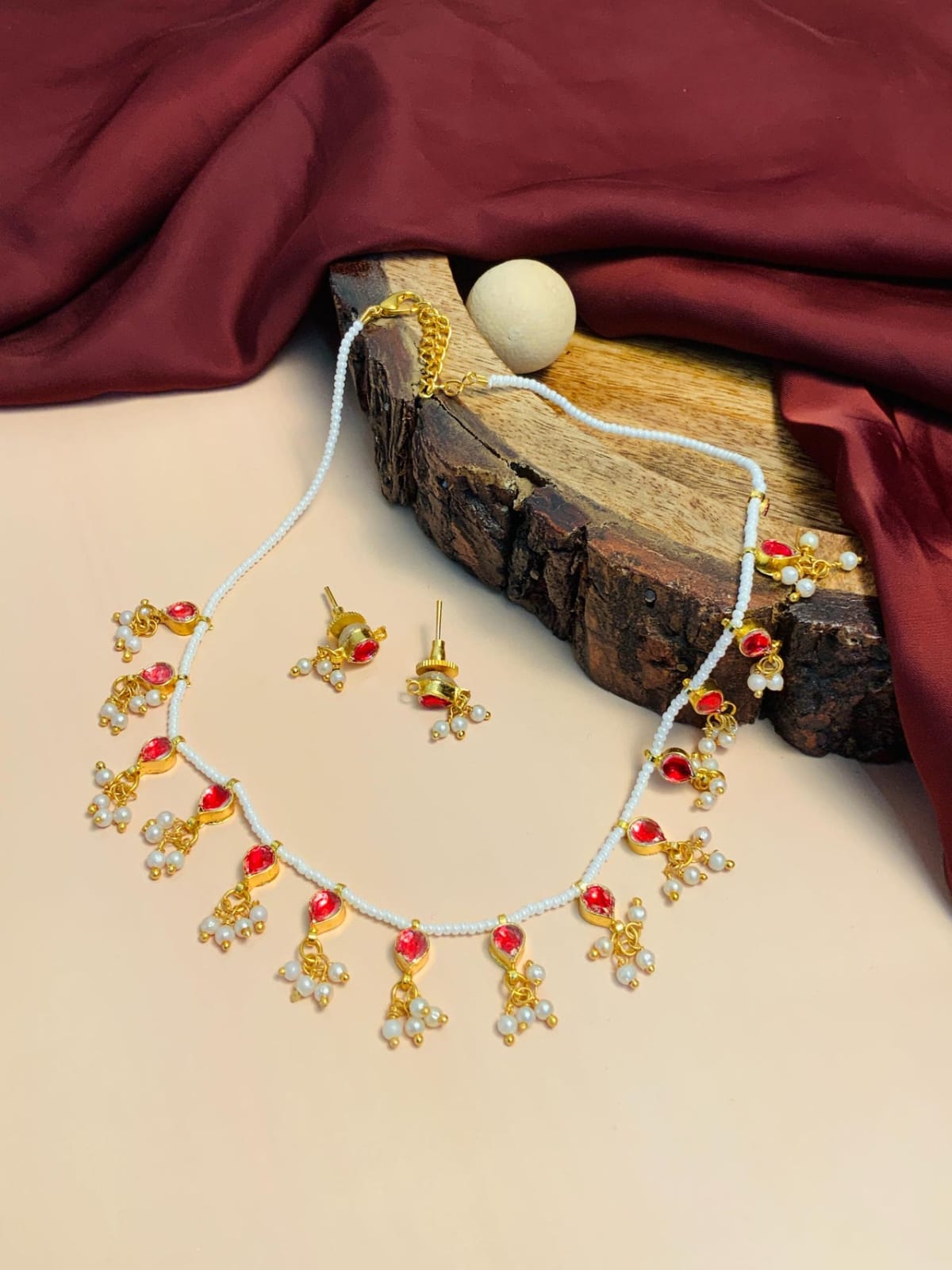 Gold Plated Red Kundan Embellished Choker Necklace Set - Image 3