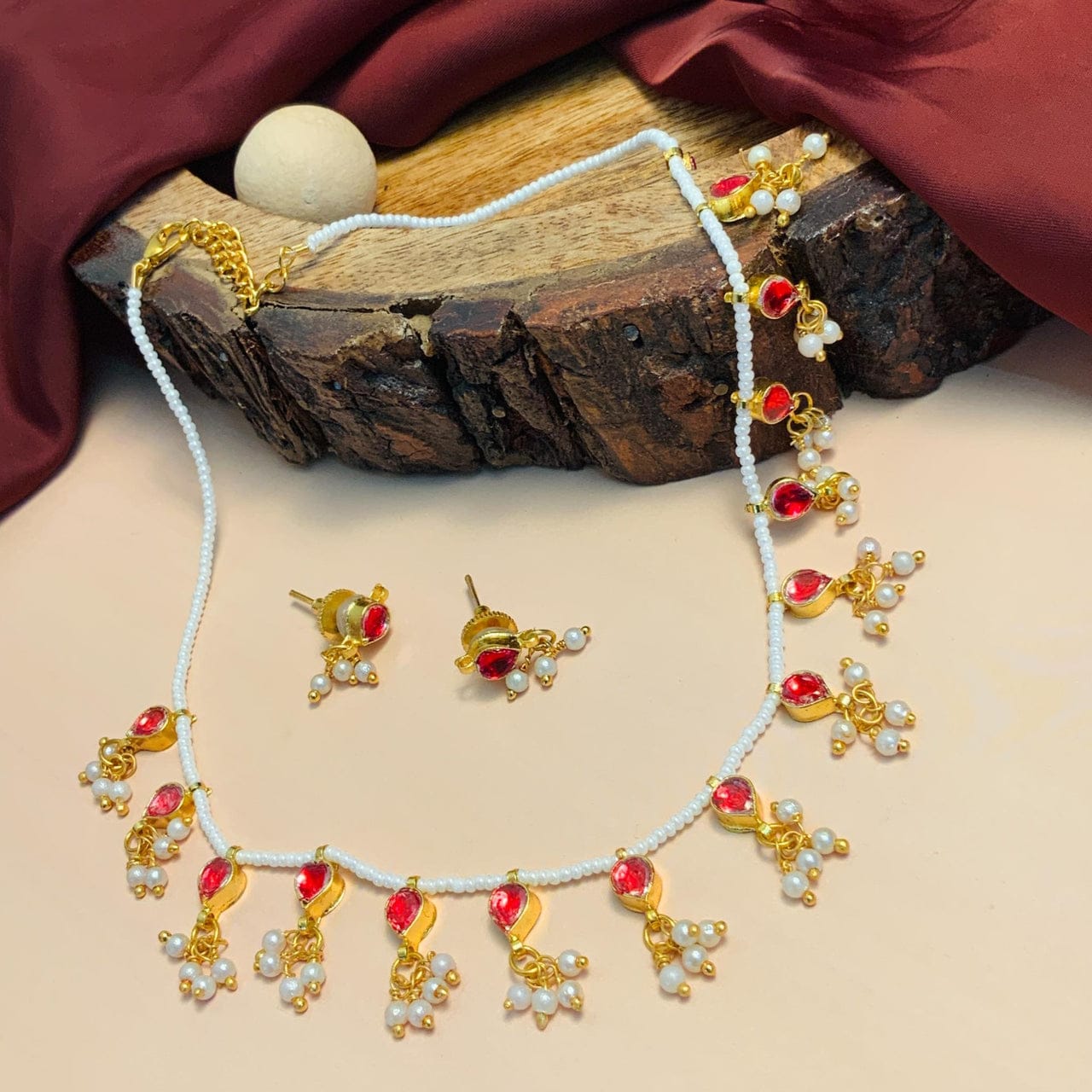 Gold Plated Red Kundan Embellished Choker Necklace Set - Image 5