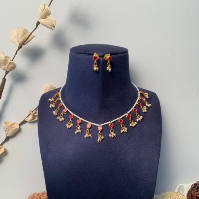 Gold Plated Red Kundan Embellished Choker Necklace Set
