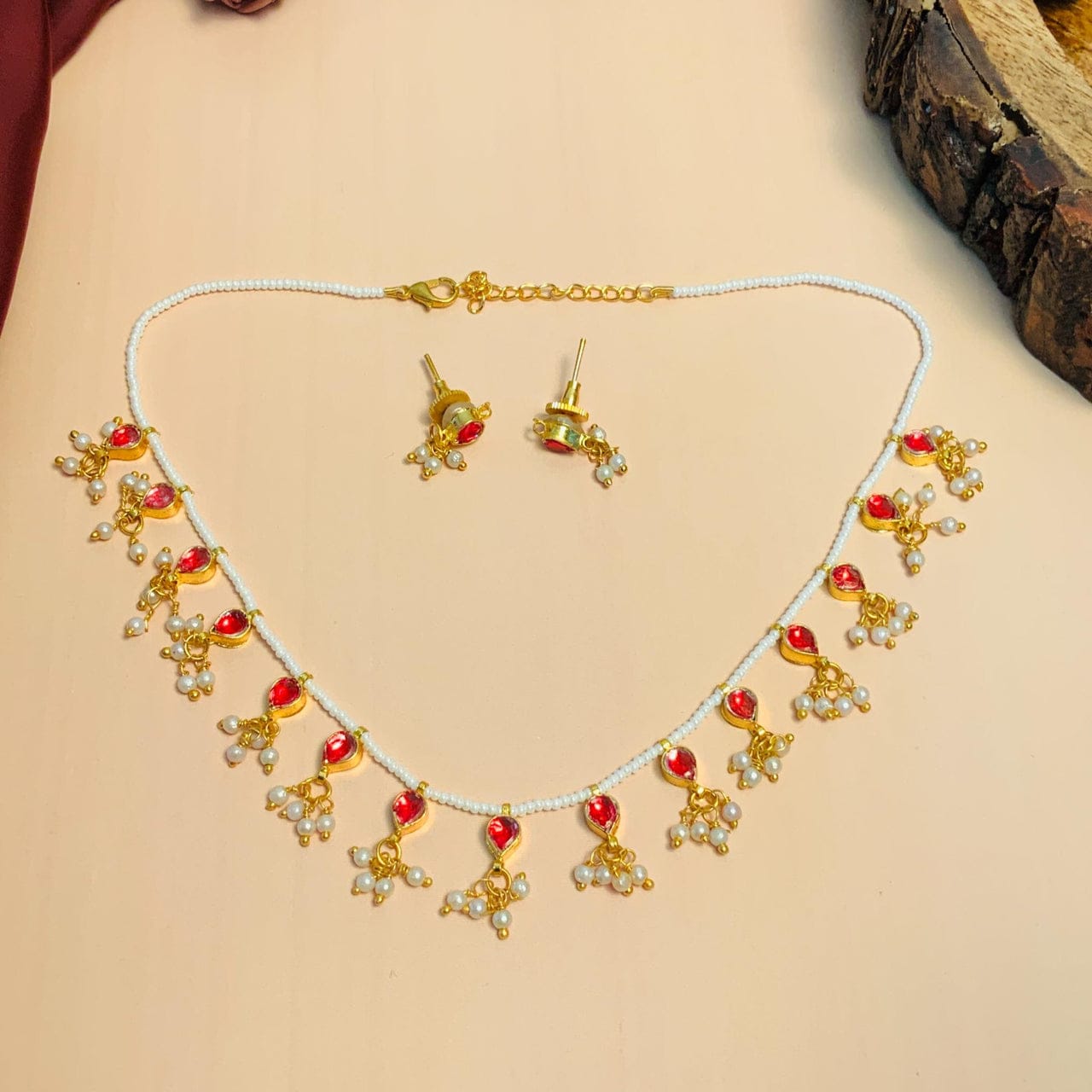 Gold Plated Red Kundan Embellished Choker Necklace Set - Image 7