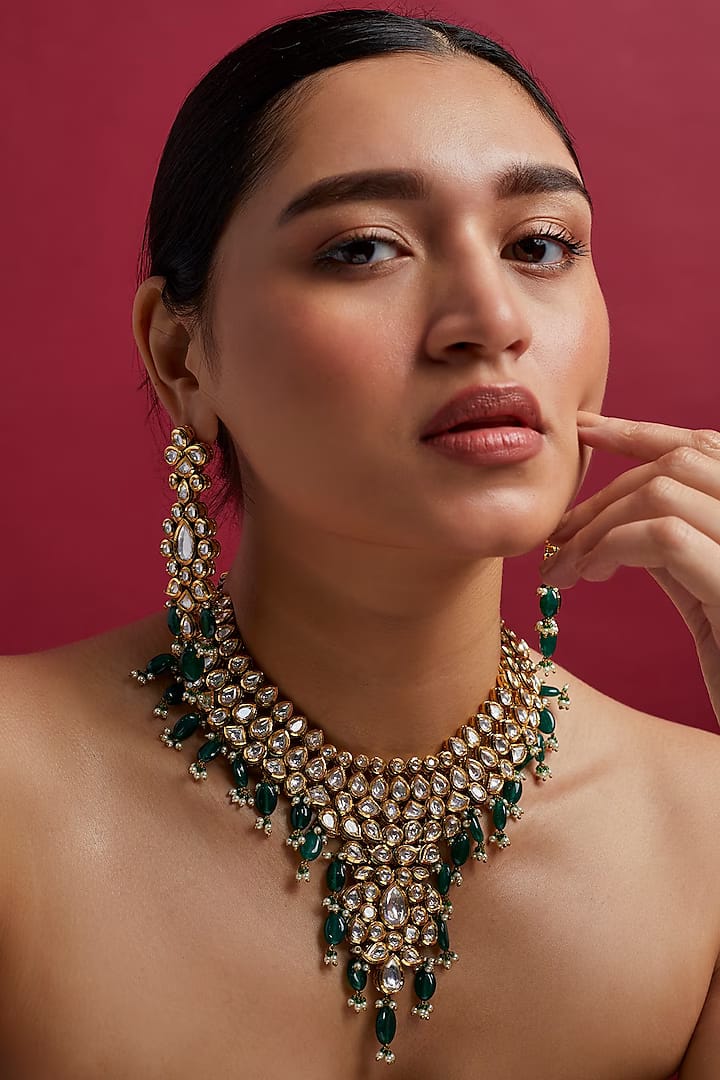 Gold Plated Kundan Polki Necklace Set - Image 2