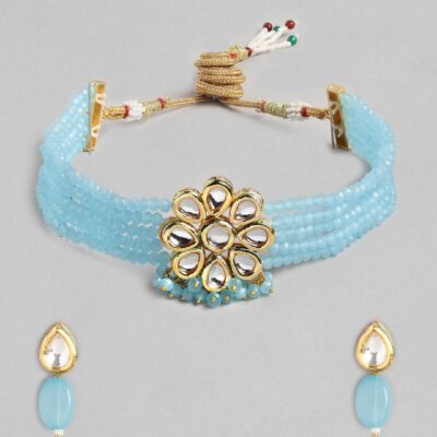 Gold Plated Kundan Choker Necklace Set (Sky Blue)