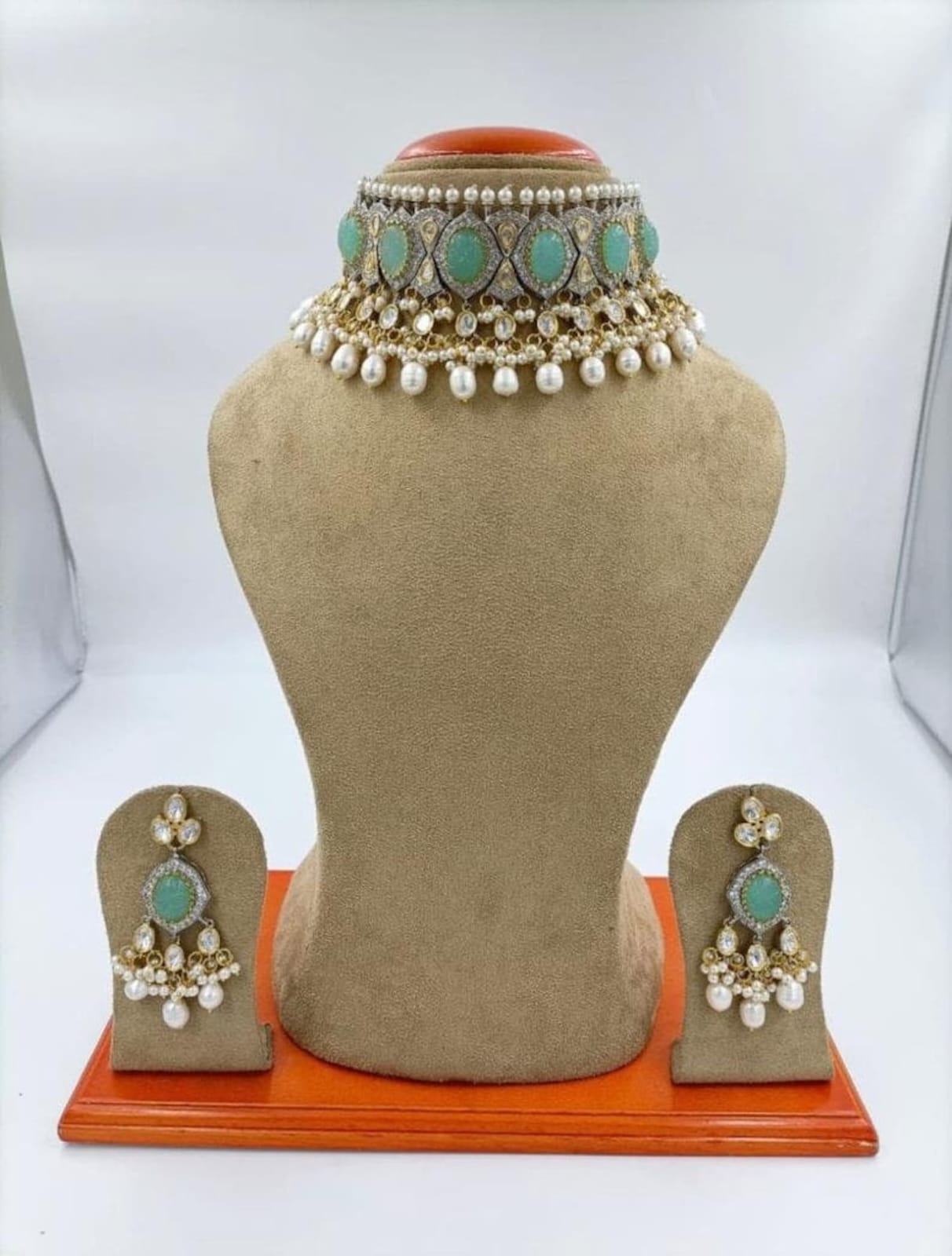 Carved Turquoise Mint Kundan CZ Victorian Choker/Uncut Polki Kundan Firoza Set/Uncut Polki Faux Diamond Set/Sabyasachi Inspired Set/Punjabi - Image 3
