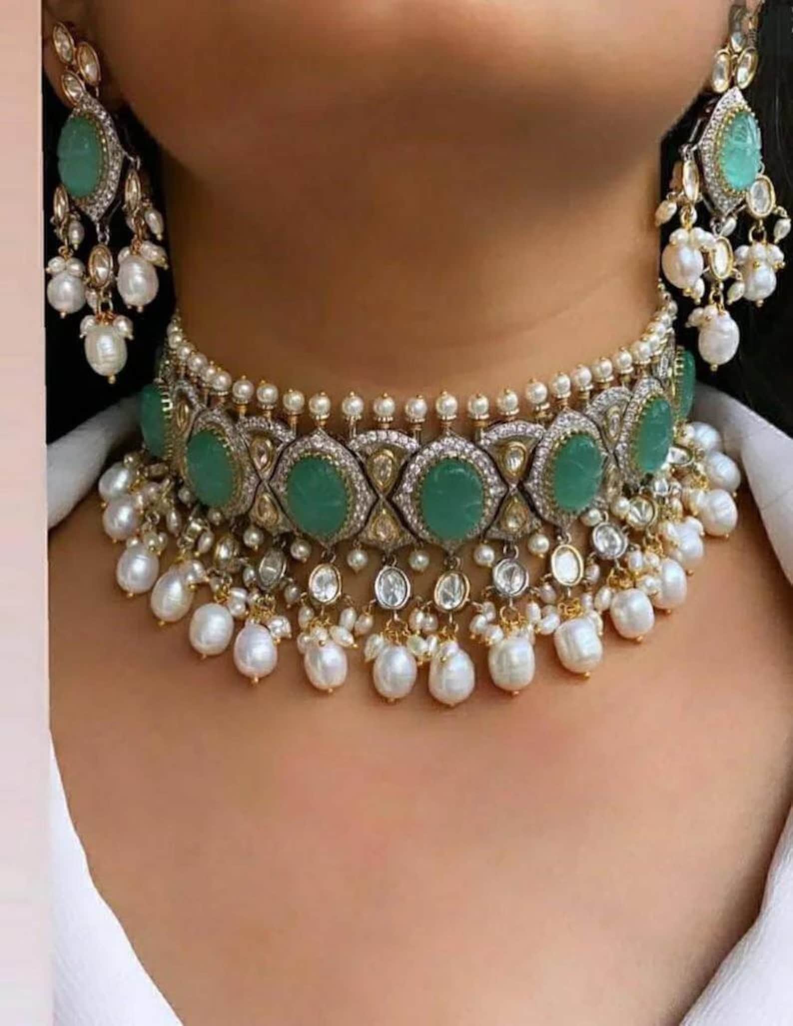 Carved Turquoise Mint Kundan CZ Victorian Choker/Uncut Polki Kundan Firoza Set/Uncut Polki Faux Diamond Set/Sabyasachi Inspired Set/Punjabi