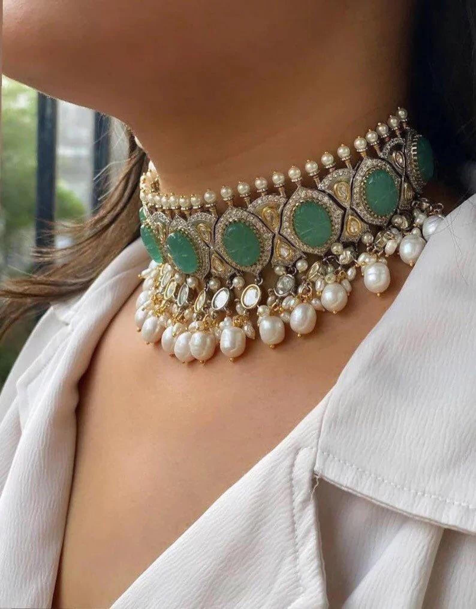 Carved Turquoise Mint Kundan CZ Victorian Choker/Uncut Polki Kundan Firoza Set/Uncut Polki Faux Diamond Set/Sabyasachi Inspired Set/Punjabi - Image 2