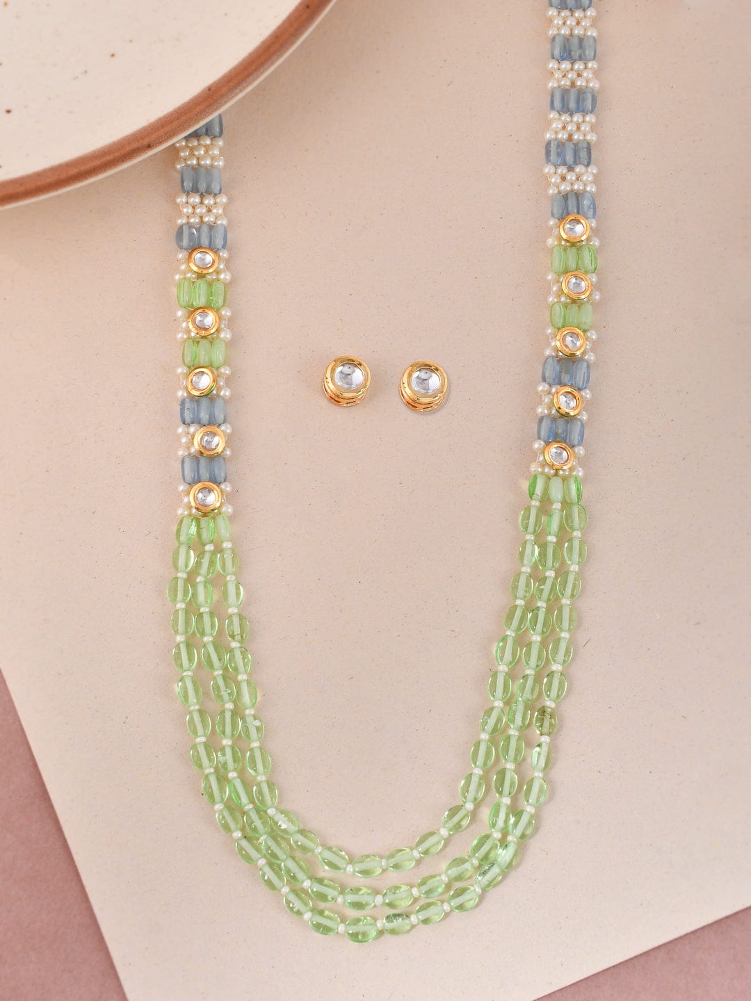 Long Polki & Pearl Necklace With Earring