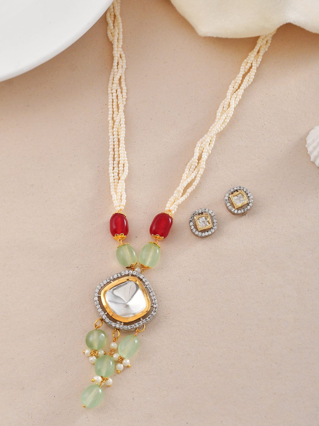 Long Polki & Pearl Necklace With Earring
