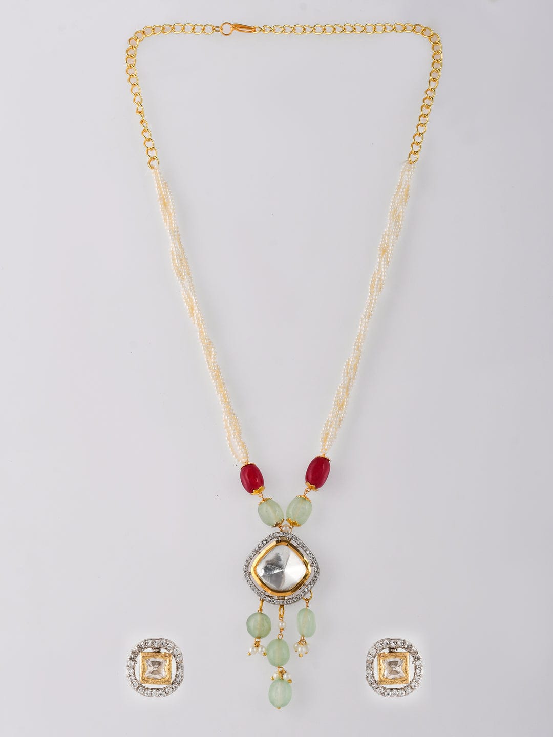 Long Polki & Pearl Necklace With Earring - Image 4