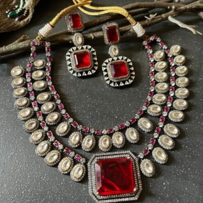Two Tone Finish Red Stone Choker Necklace Set
