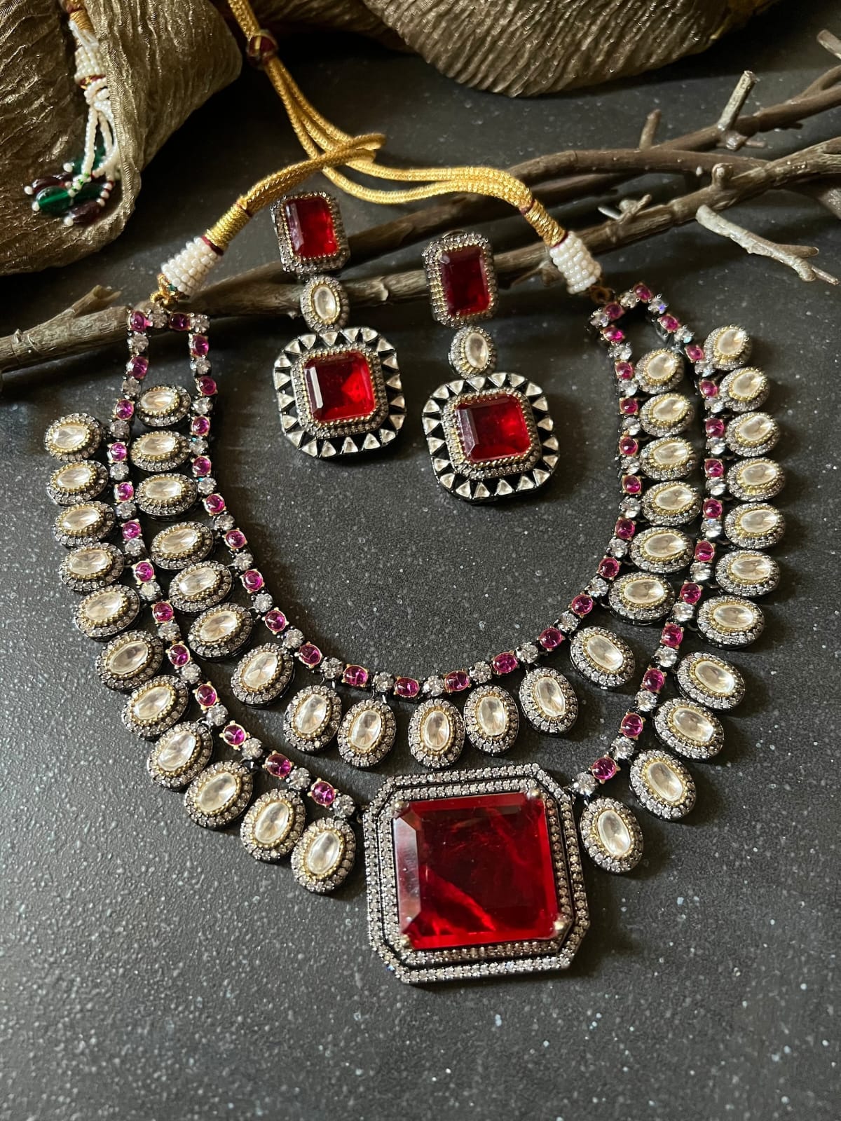 Two Tone Finish Red Stone Choker Necklace Set