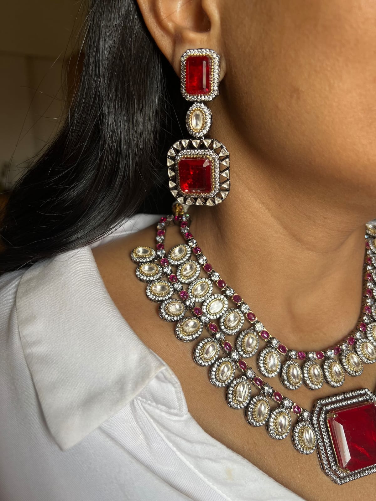 Two Tone Finish Red Stone Choker Necklace Set - Image 6