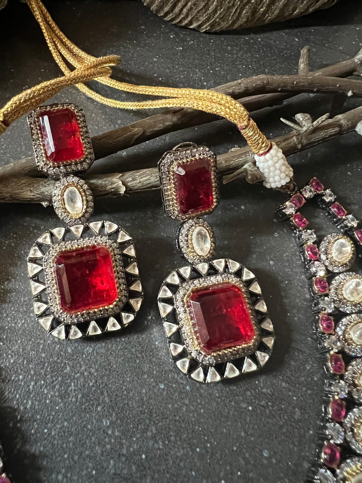 Two Tone Finish Red Stone Choker Necklace Set - Image 8