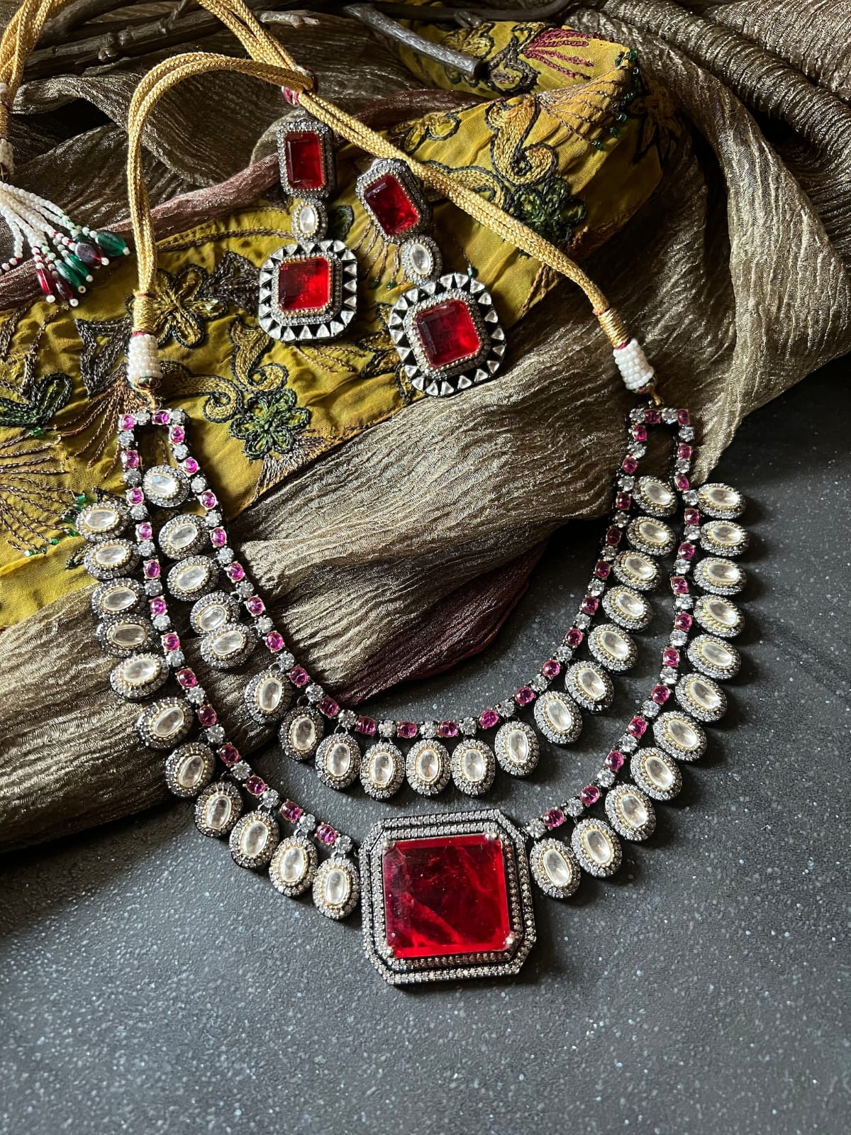 Two Tone Finish Red Stone Choker Necklace Set - Image 10