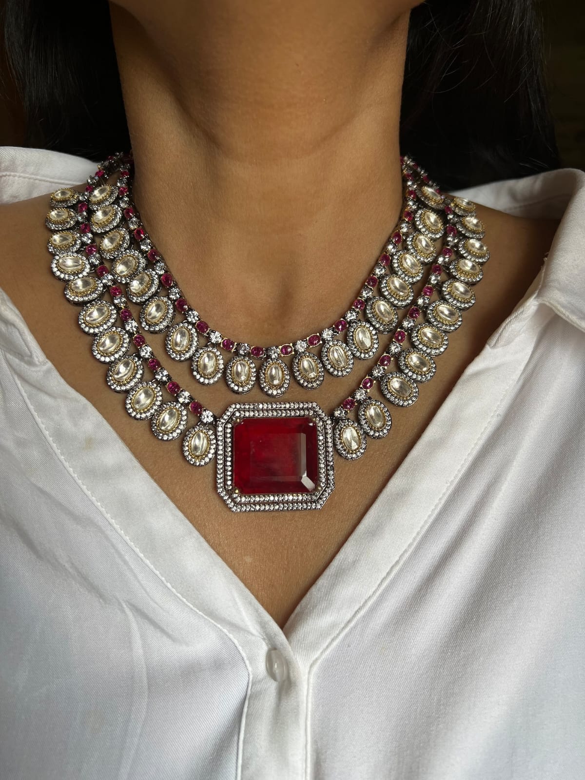 Two Tone Finish Red Stone Choker Necklace Set - Image 2
