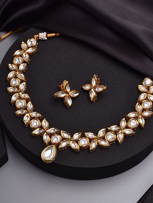 Gold Tone Kundan Necklace Set - Image 3