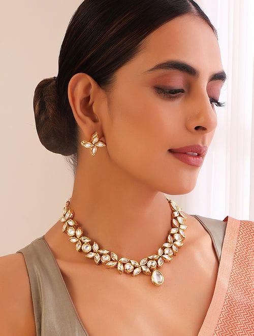 Gold Tone Kundan Necklace Set - Image 4