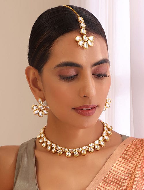 Gold Plated Kundan Embellished Choker Necklace Set - Image 2