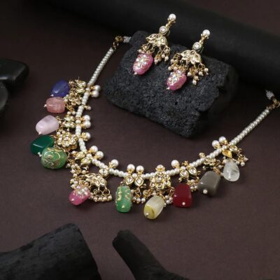 Gold Finish Kundan Necklace With Multicolor Stone In Mix Metal