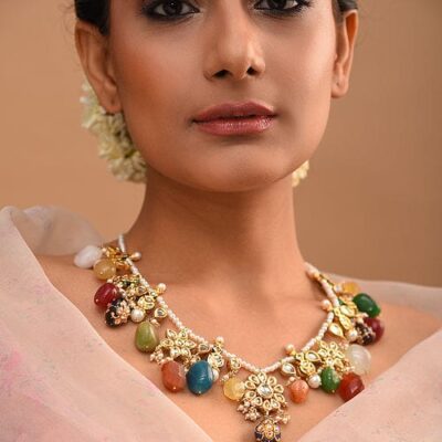 Multicolour Brass Necklace With Multicolour Stones