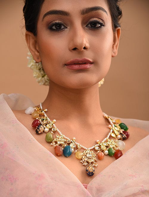 Multicolour Brass Necklace With Multicolour Stones