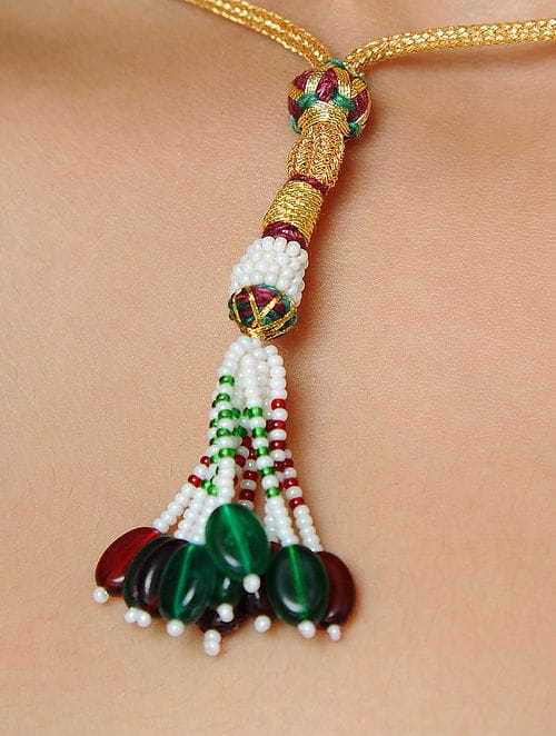Green Kundan Multi-layered Necklace With Earring - Image 4