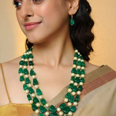 SEMI PRECIOUS STONES & PEARL MALA WITH EARRING FOR WOMEN