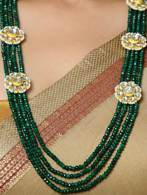 Green Kundan Multi-layered Necklace With Earring - Image 3