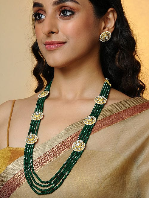 Green Kundan Multi-layered Necklace With Earring