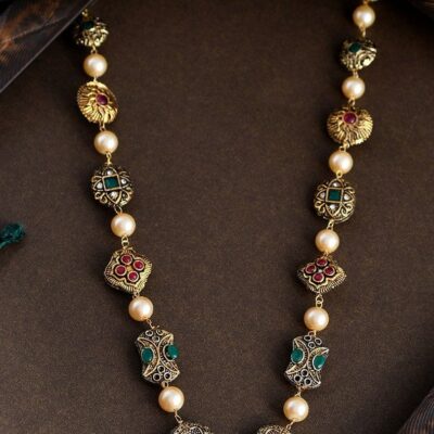 Gold Plated Long Multi Beads Kundan Necklace