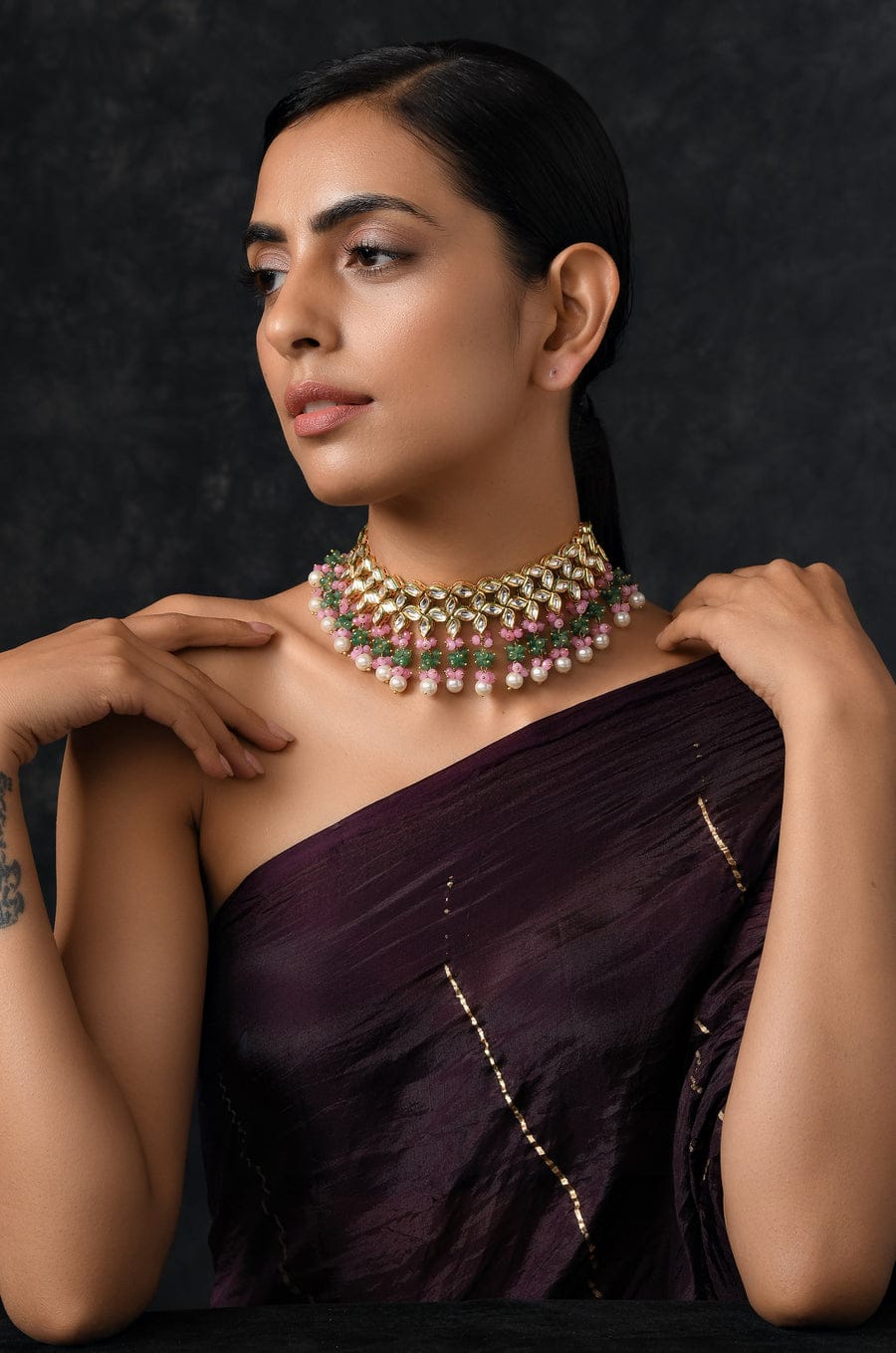 Gold Plated Kundan Necklace With Pink & Green Stone - Image 3