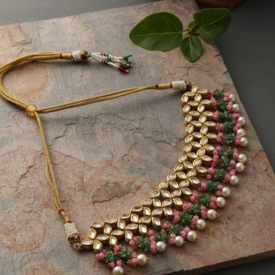 Gold Plated  Kundan Necklace With Pink & Green Stone