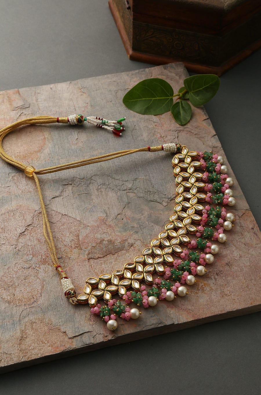 Gold Plated Kundan Necklace With Pink & Green Stone