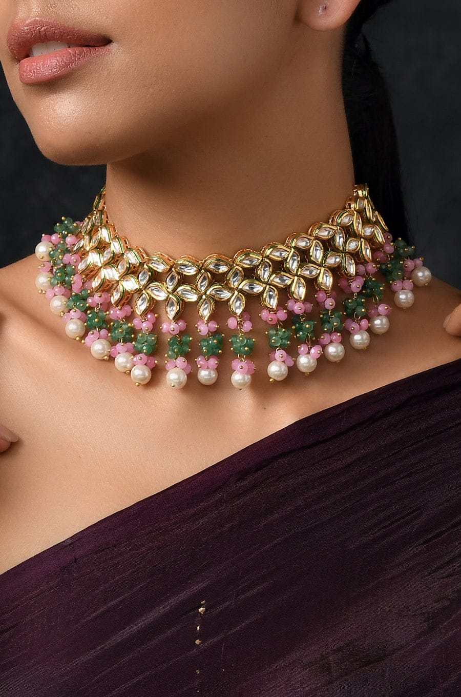 Gold Plated Kundan Necklace With Pink & Green Stone - Image 4